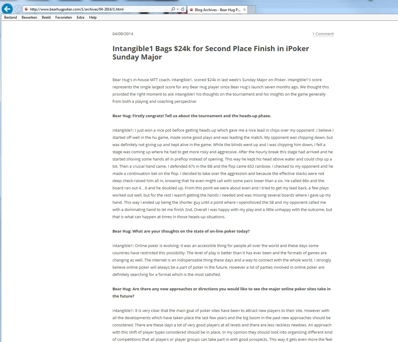 Bearhugpoker blog post interviewing the stable coach after a $24k Sunday Major score