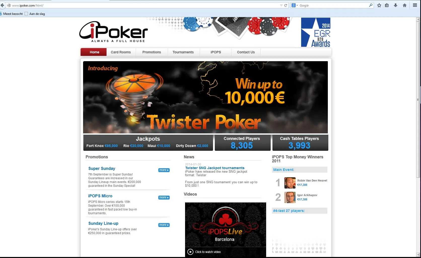 iPoker homepage showing Robin van den Heuvel as number one iPOPS 2011 Main Event money winner with €17,388
