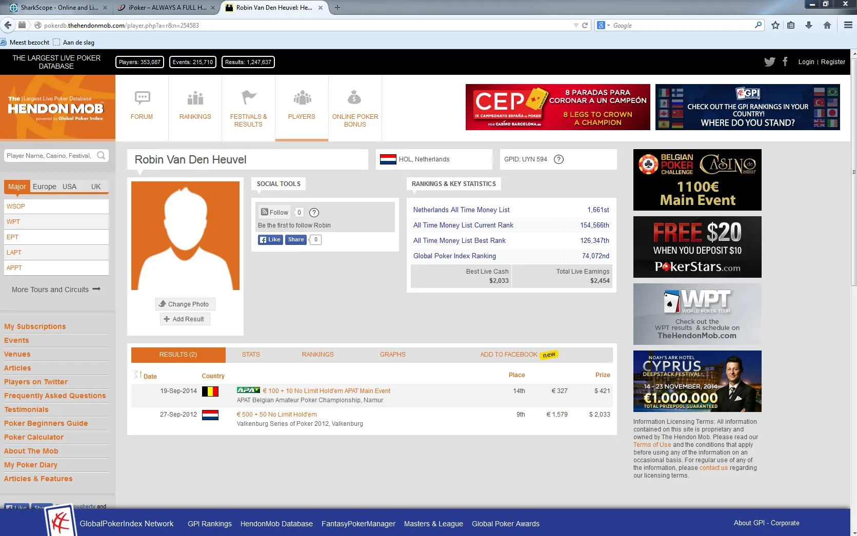 Hendon Mob player database page for Robin van den Heuvel with live tournament cashes
