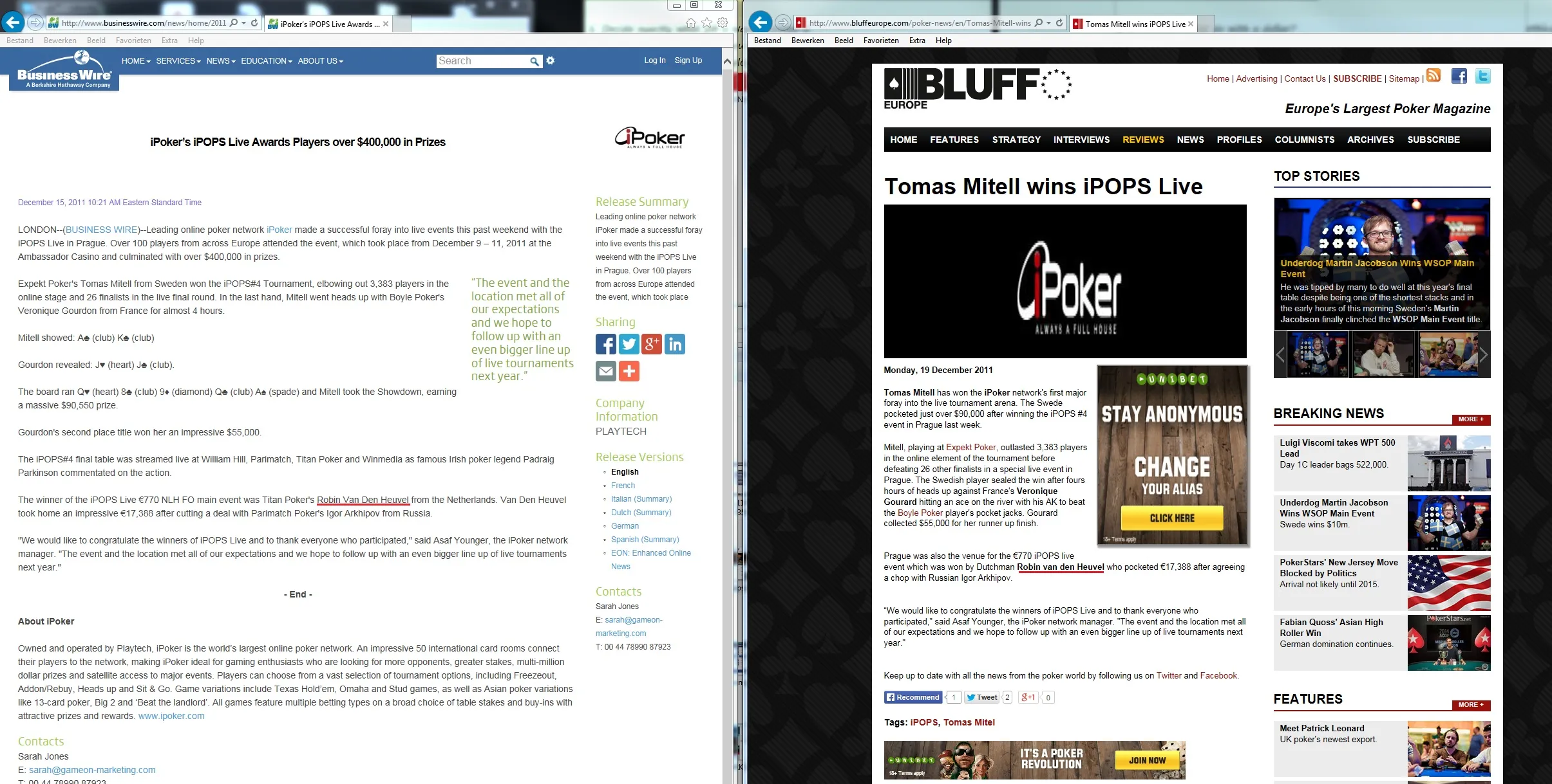 BusinessWire and Bluff Europe articles naming Robin van den Heuvel as winner of the €770 iPOPS Live main event in Prague